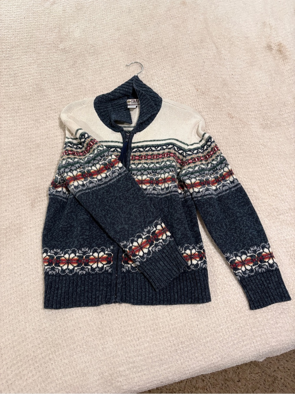 Tiara Navy & Cream Fair Isle Zip-Up Sweater
